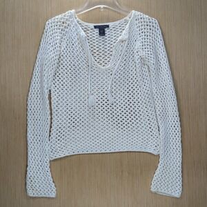 Abercrombie & Fitch Crochet Open Knit Top Cream V-Neck Boho Casual Women's Small